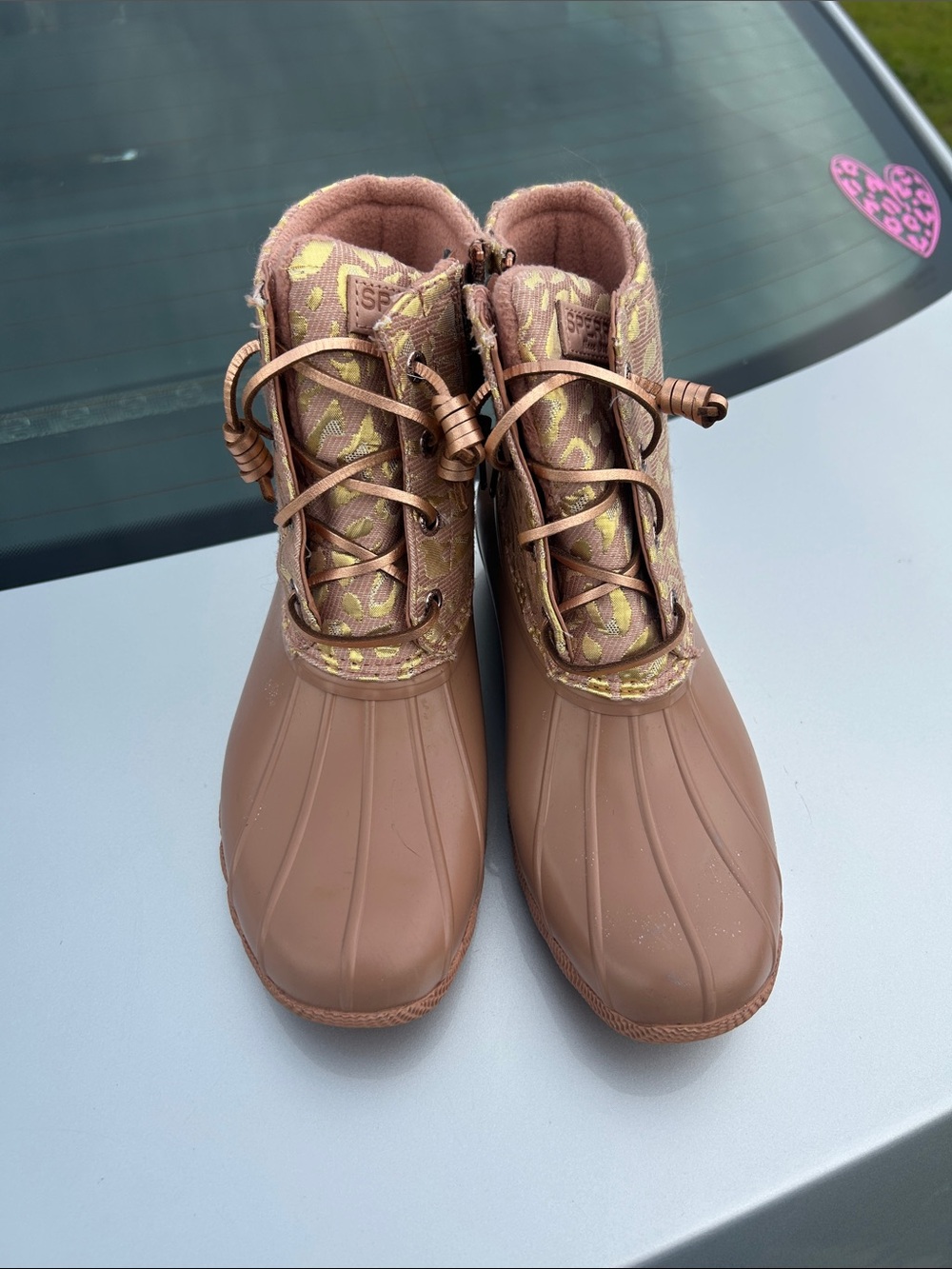 Sperry Brown Duck Boots with Gold Leopard Print Upper